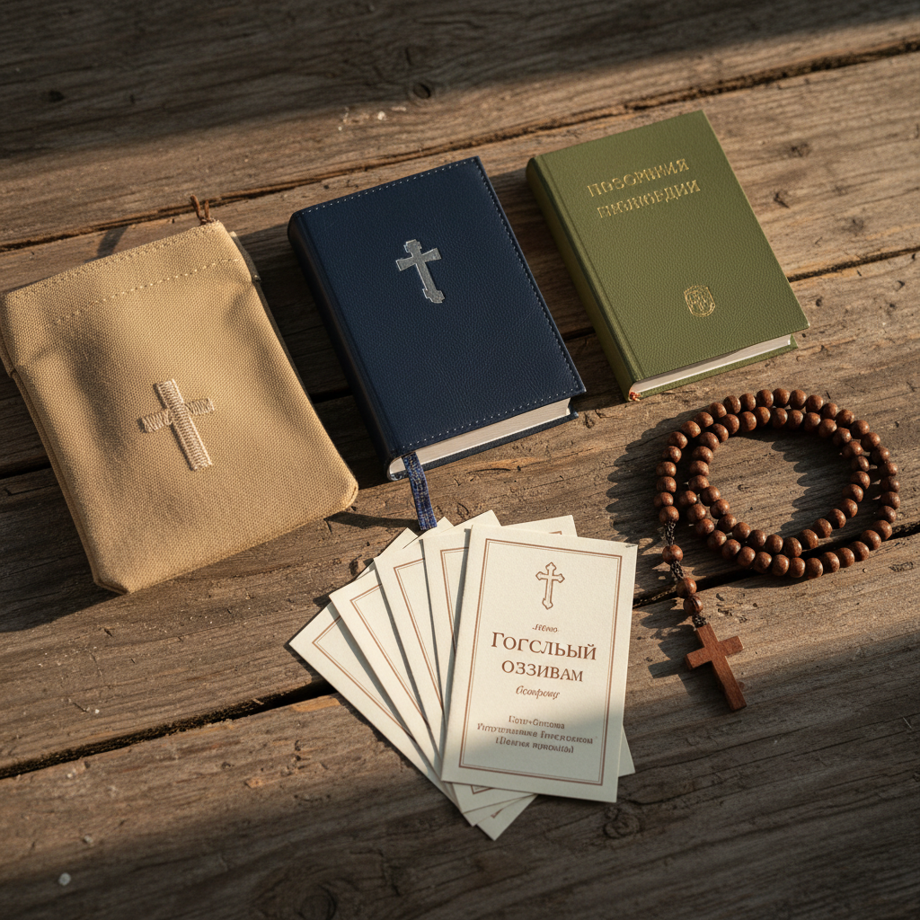 A close-up of a compact field kit for Orthodox mission work arranged on a rustic wooden table: a pocket-sized New Testament with a small silver cross embossed on the navy-blue cover, a slim prayer book, a handful of printed Gospel trifold pamphlets, and a simple wooden rosary neatly coiled. A lightweight canvas pouch with a subtle cross emblem sits partly open beside them. The scene is lit by warm, late-afternoon sunlight streaming from the side, creating soft highlights on the book edges and gentle shadows that add depth and texture. Shot from overhead with sharp focus across the frame, in photographic realism, the image conveys readiness, simplicity, and thoughtful preparation for sharing the faith in everyday settings.