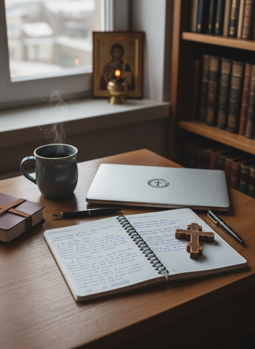 A small, well-worn wooden desk arranged neatly for Orthodox mission planning, featuring an open notebook filled with tidy handwritten sermon notes, a simple wooden cross lying across the margin, and a closed laptop with a subtle Orthodox cross sticker on its lid. Nearby, a ceramic mug of tea gives off a faint wisp of steam. The desk sits near a window, with soft overcast daylight casting even, diffused light across the workspace and subtle shadows from the cross and pen. In the background, slightly out of focus, are shelves with neatly arranged theological books and a discreet icon corner. Photographic realism, shot from a slightly elevated angle, creates a calm, focused, professional atmosphere.