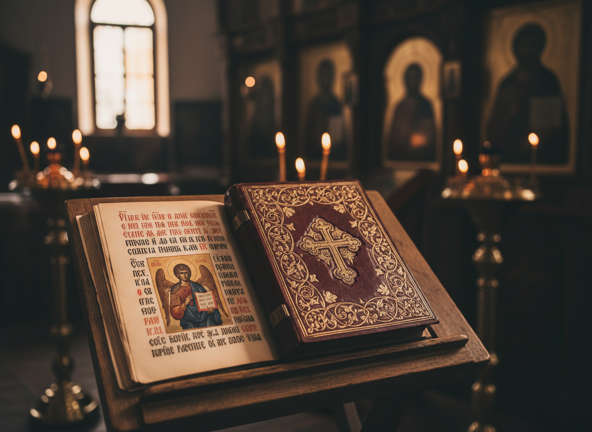 A finely detailed antique Orthodox Gospel book bound in deep burgundy leather, its cover embossed with a gold cross and intricate vine patterns, resting open on a simple wooden lectern. The pages are slightly yellowed, with ornate red and black liturgical text and a small illuminated icon in the margin. Behind it, a softly blurred interior of a modest chapel shows candle stands and a dim icon corner without any visible people. Warm candlelight and faint afternoon window light mix to create a gentle glow on the gold embossing and page edges. Photographic realism, eye-level composition with a shallow depth of field, conveys a reverent, contemplative mood suitable for teaching and preaching resources.