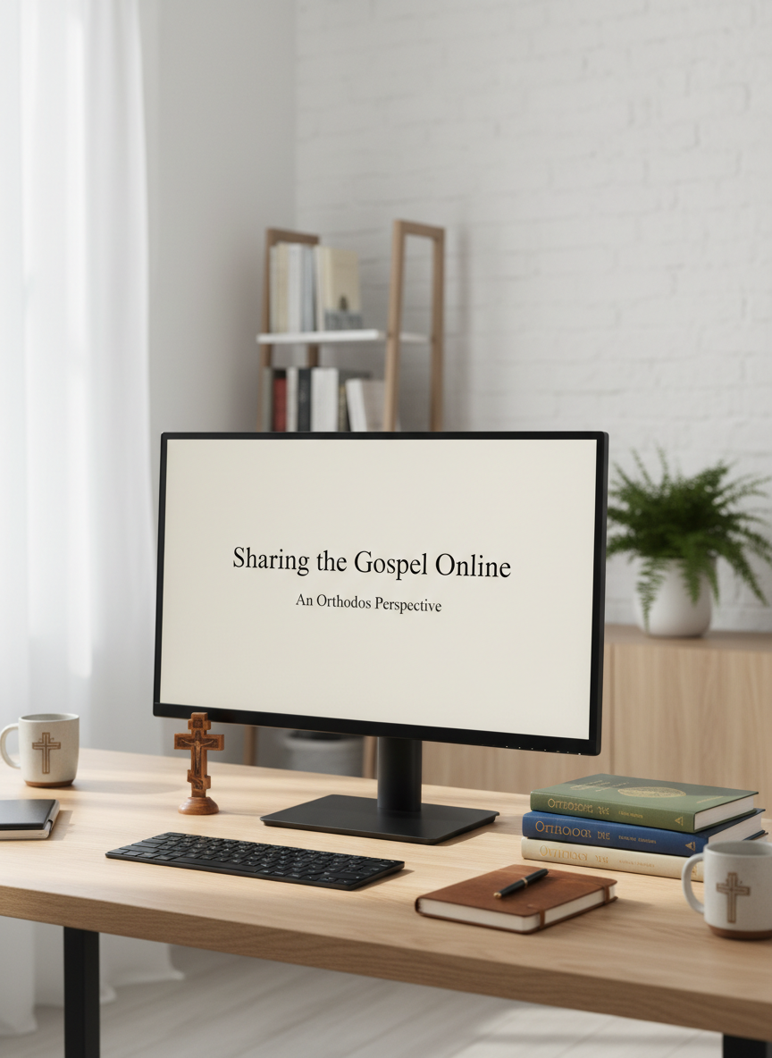 A clean, modern home office setup designed for online Orthodox outreach, centered on a slim monitor displaying a tasteful, text-only slide titled “Sharing the Gospel Online” in a simple serif font. A small, carved wooden cross stands at the base of the monitor, and a tidy stack of Orthodox study books with muted covers sits to one side. The desk surface is light oak, uncluttered except for a keyboard and notebook. Soft, natural daylight from an unseen side window provides gentle, even illumination, with a touch of reflected light on the monitor bezel. The background is minimal and slightly blurred, suggesting an orderly, peaceful room. Photographic realism, shot at eye level, conveys clarity, professionalism, and quiet dedication.
